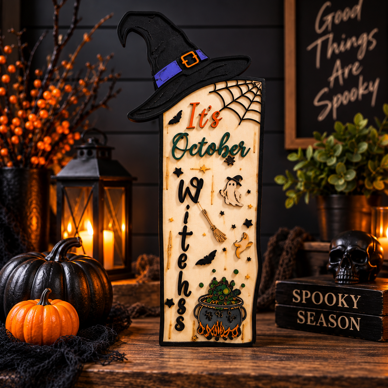 It's October Witches 3-foot handmade Halloween entry sign styled for seasonal decor