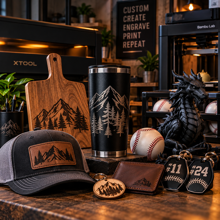 Custom products made by Remedy Works Co including laser engraving, 3D printing, sports gear and personalized gifts