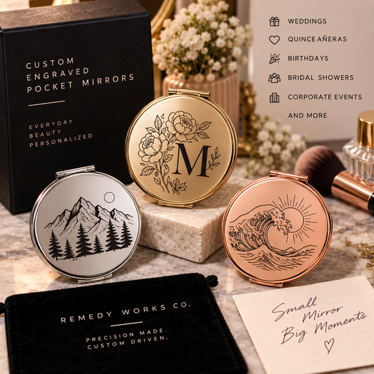 Custom engraved pocket mirrors in gold, silver and rose gold with generic personalized designs