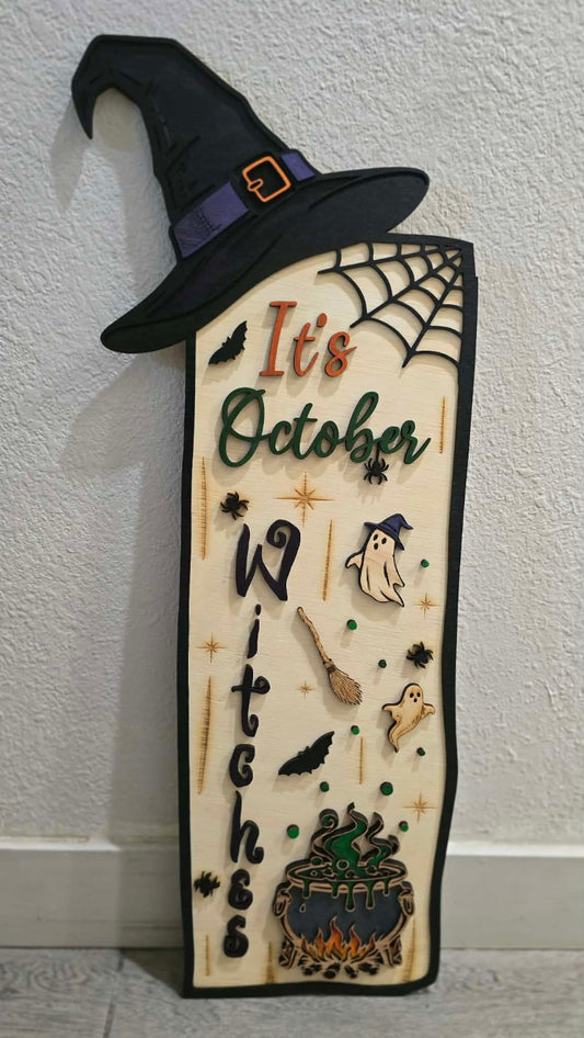 Handmade 3-foot It's October Witches Halloween entry sign by Remedy Works Co
