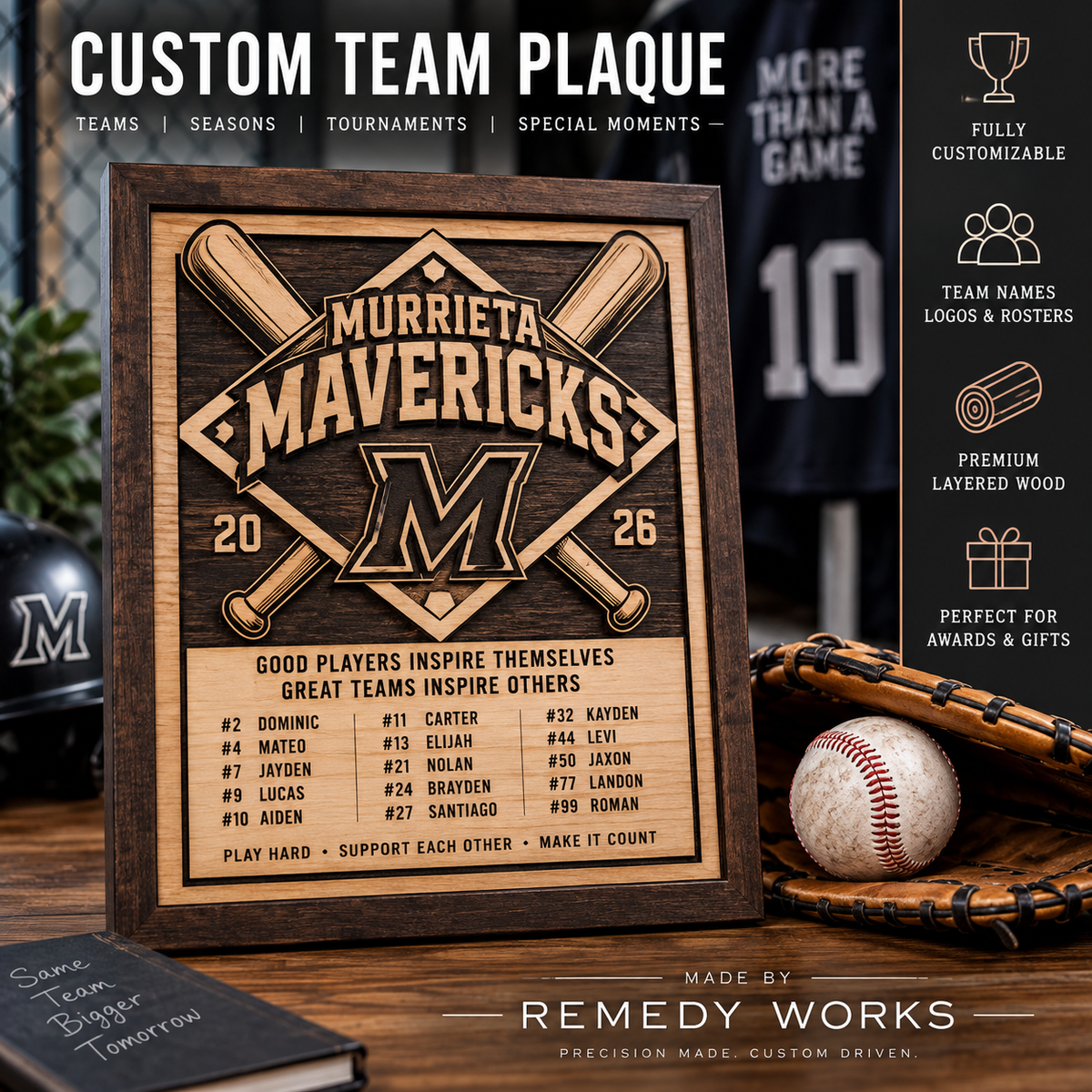 Premium layered custom baseball and softball team plaque concept by Remedy Works Co